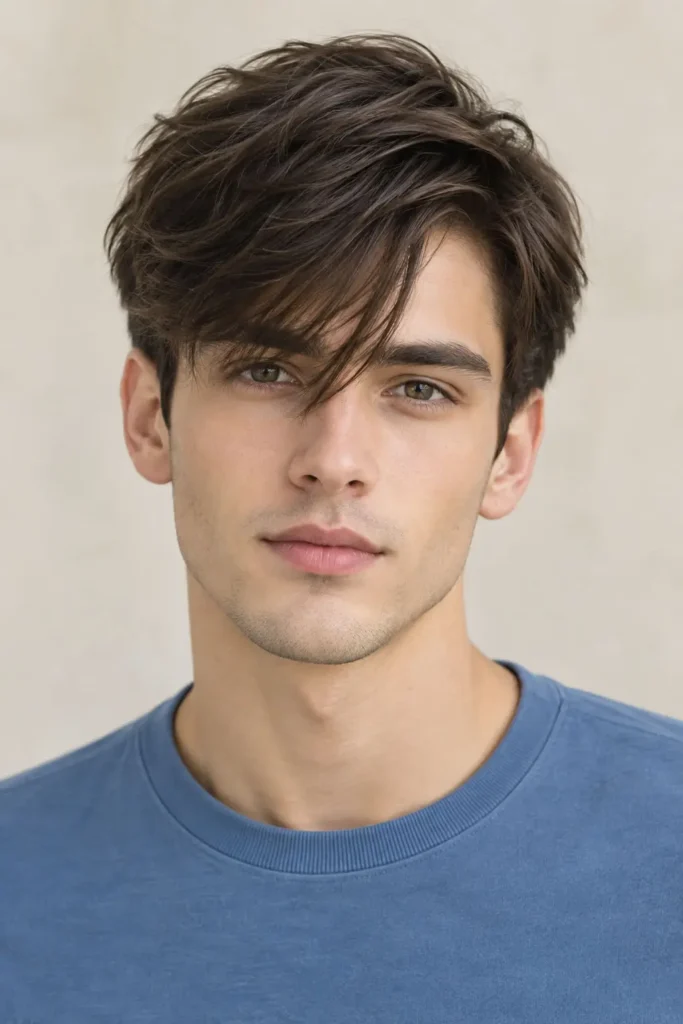 Young man with a long textured fringe and tapered sides for a heart-shaped face