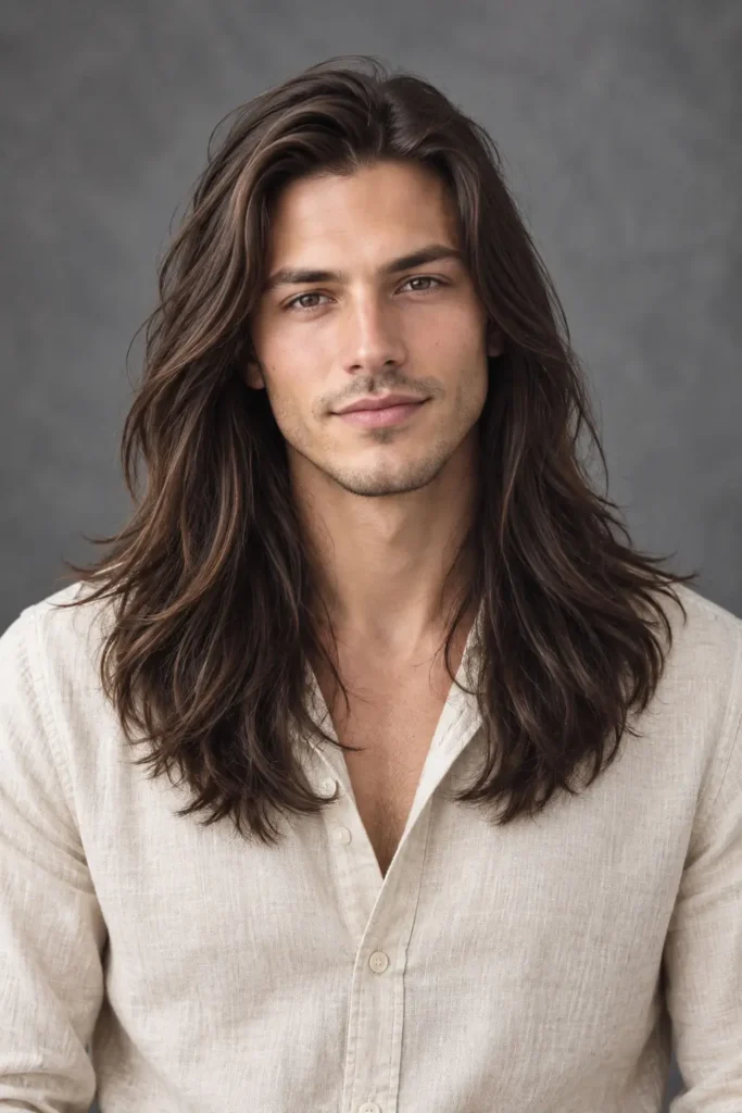 Man with long layered hair framing the sides of a heart-shaped face