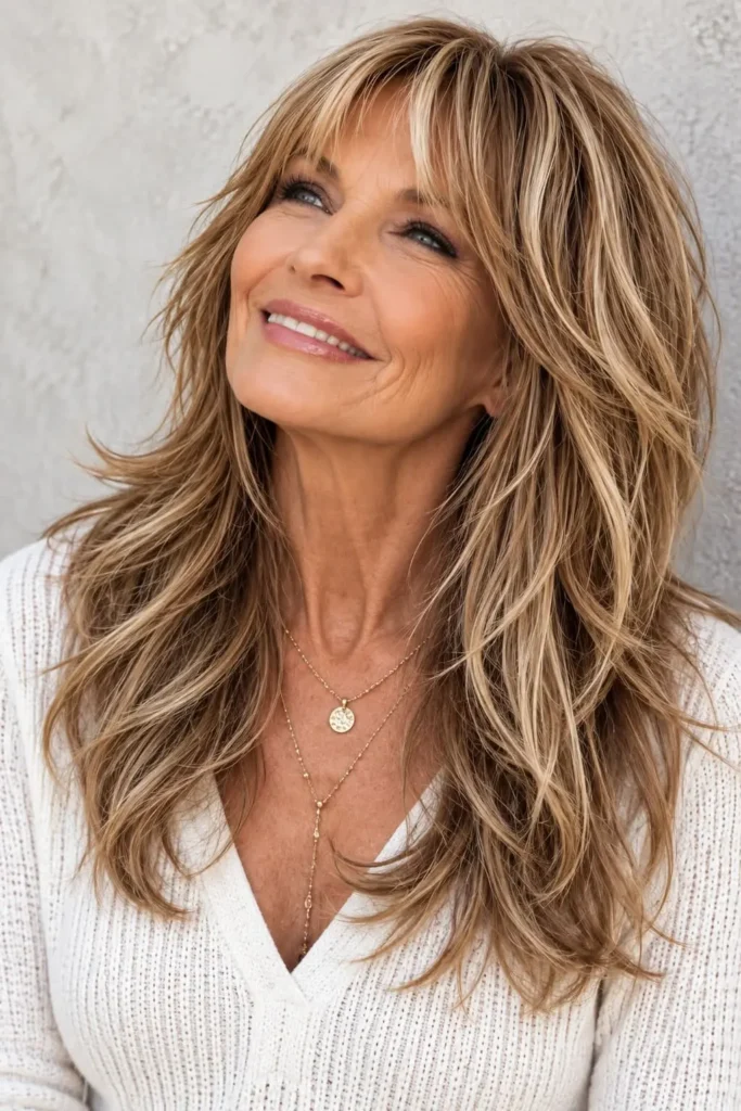 Long layered haircut for women over 60 with thick hair