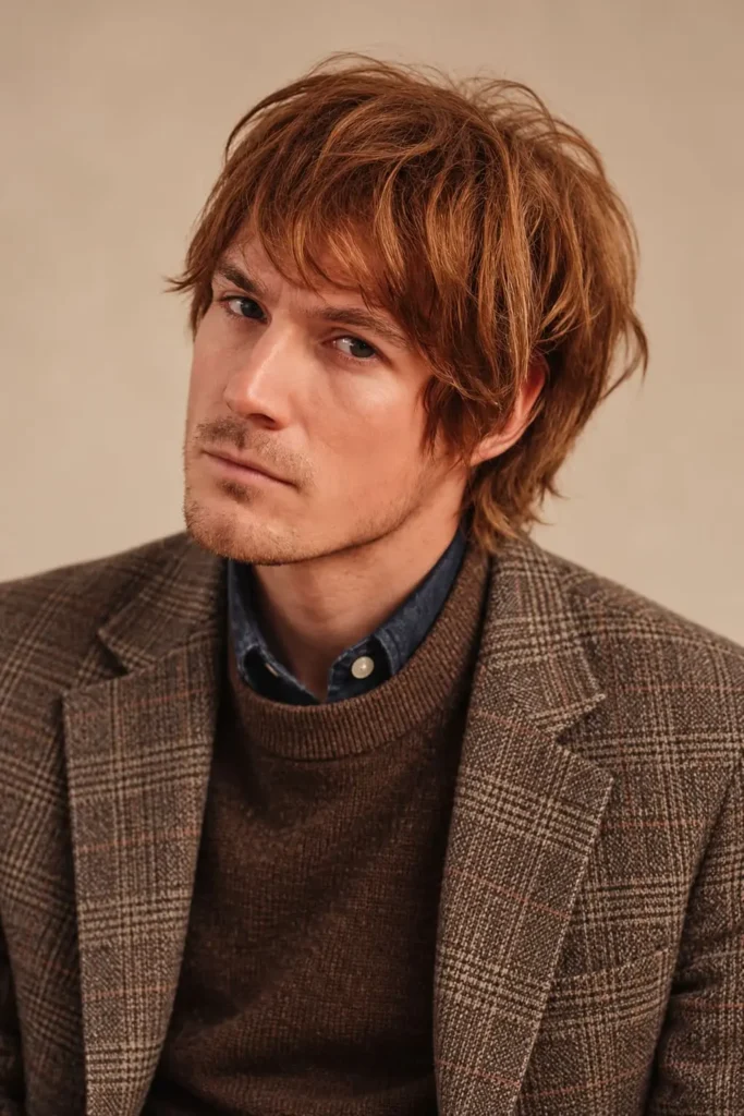 Long mod hairstyle with layered sides, soft fringe, and natural movement