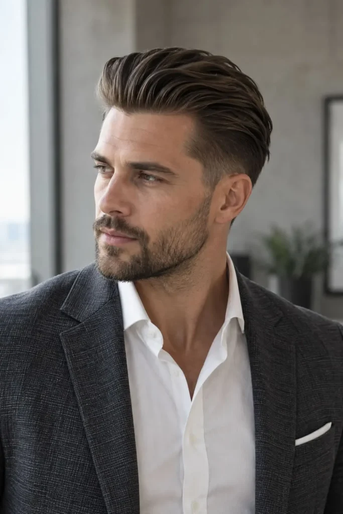 Long slicked-back hairstyle for men with a sleek professional appearance