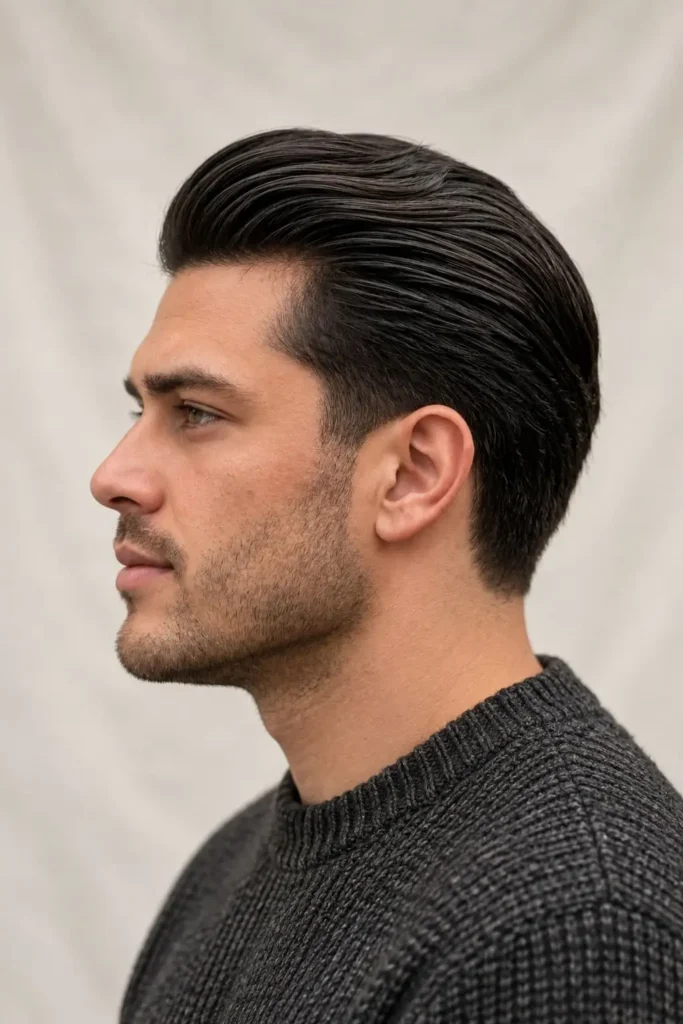 Long slicked back hairstyle for men with round faces and volume at the crown