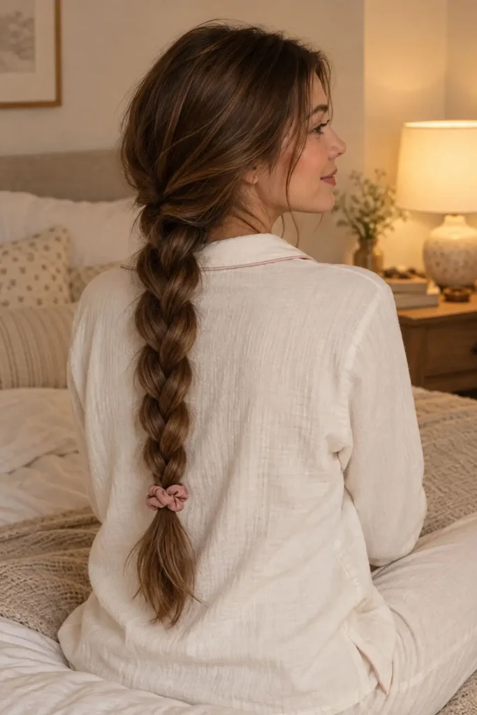 Loose braid for sleeping that protects long hair from overnight tangles