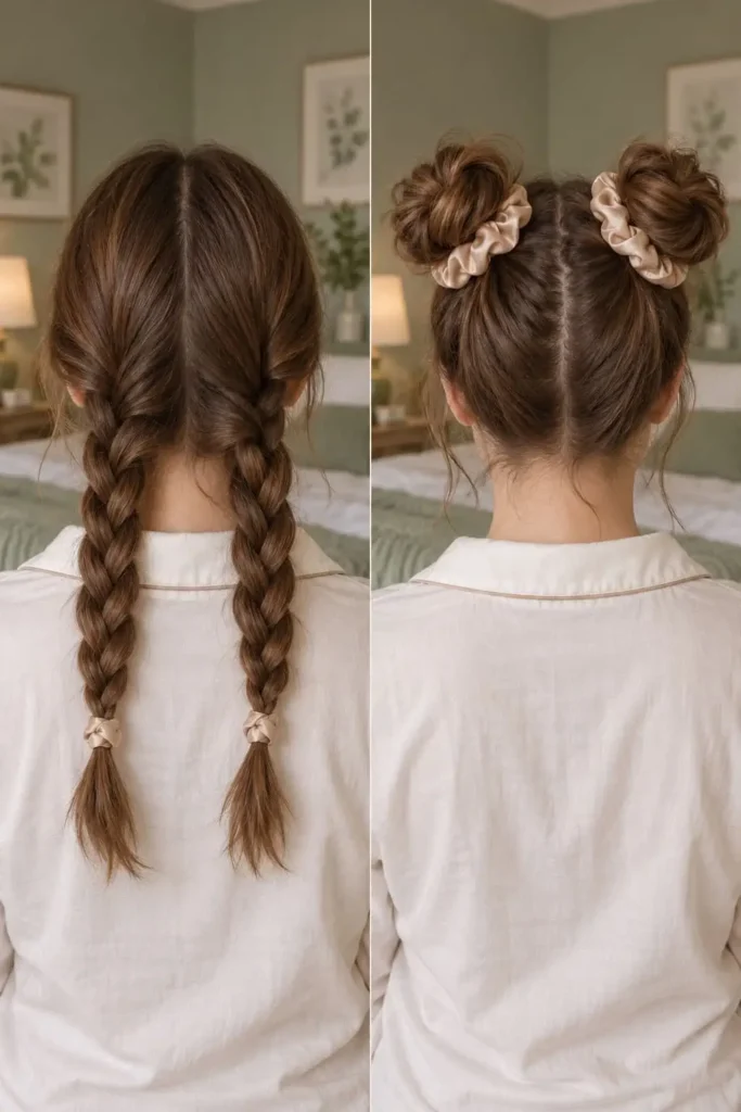 Loose buns and braids for gently styling damp hair overnight