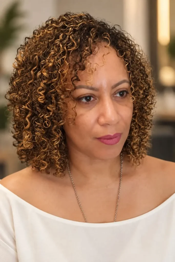 Loose natural ringlets with layered short hair for Black women over 50