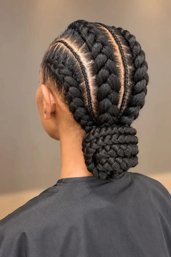 Low braided bun with neat braids gathered at the nape of the neck