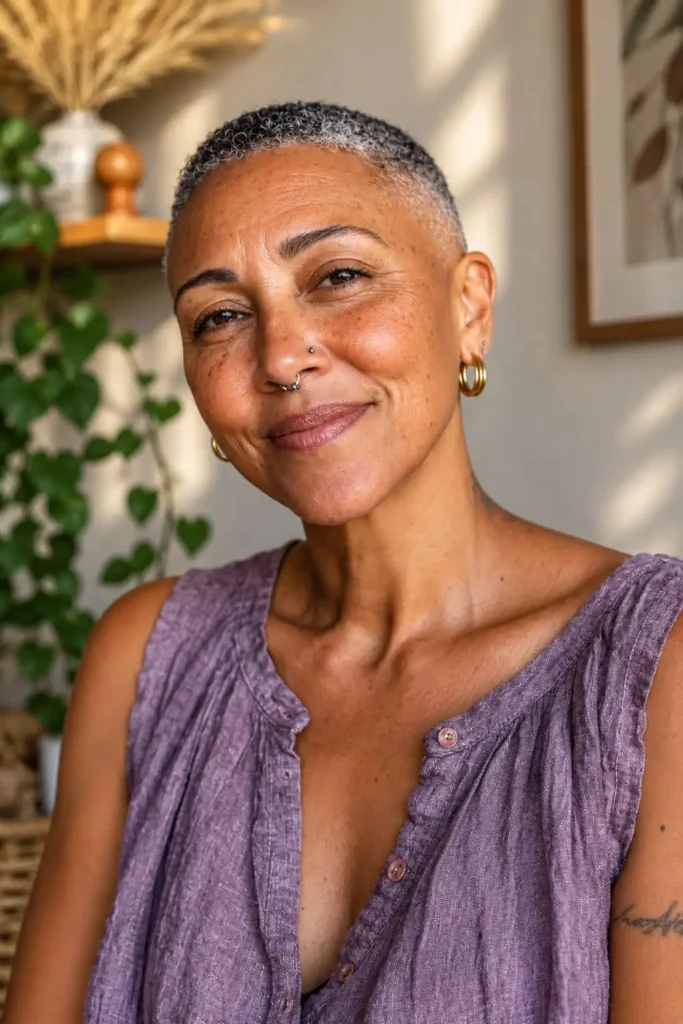 Low fade haircut with natural textured curls for Black women over 50