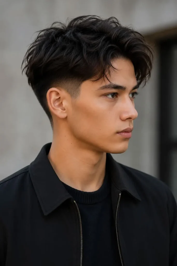 Low taper flow haircut for men with flowing hair and clean tapered sides
