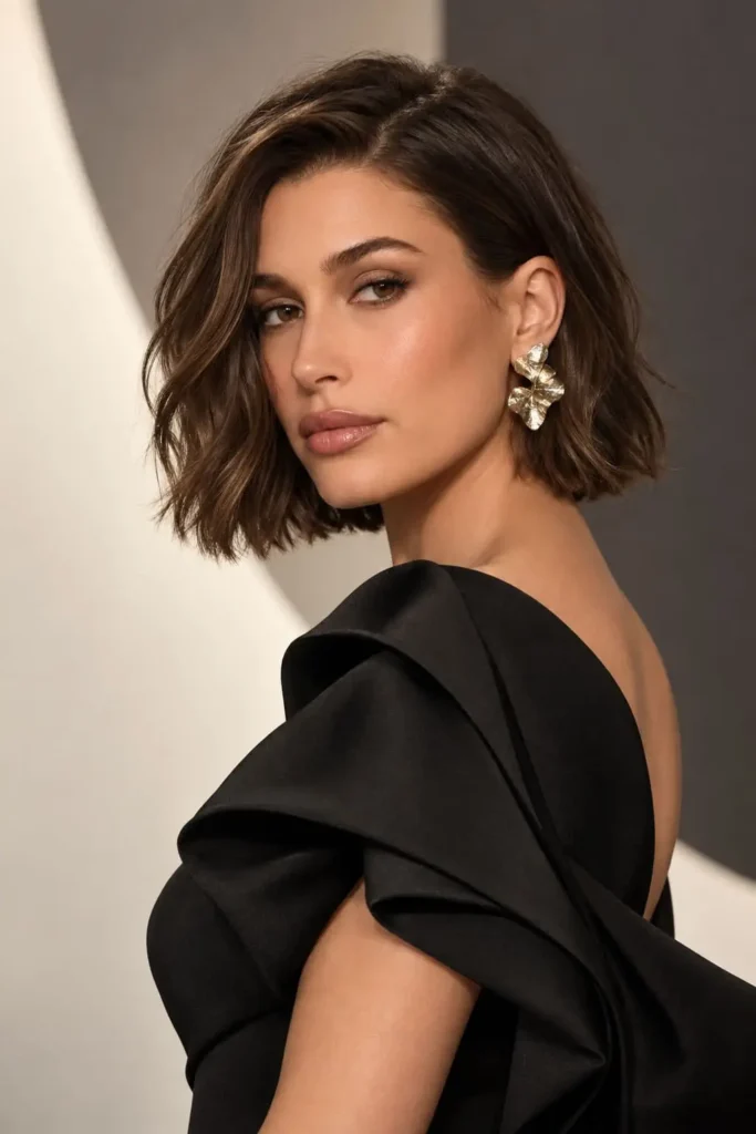 Luxe wavy bob haircut with glossy tousled waves, choppy ends and an elegant tucked-behind-ear finish