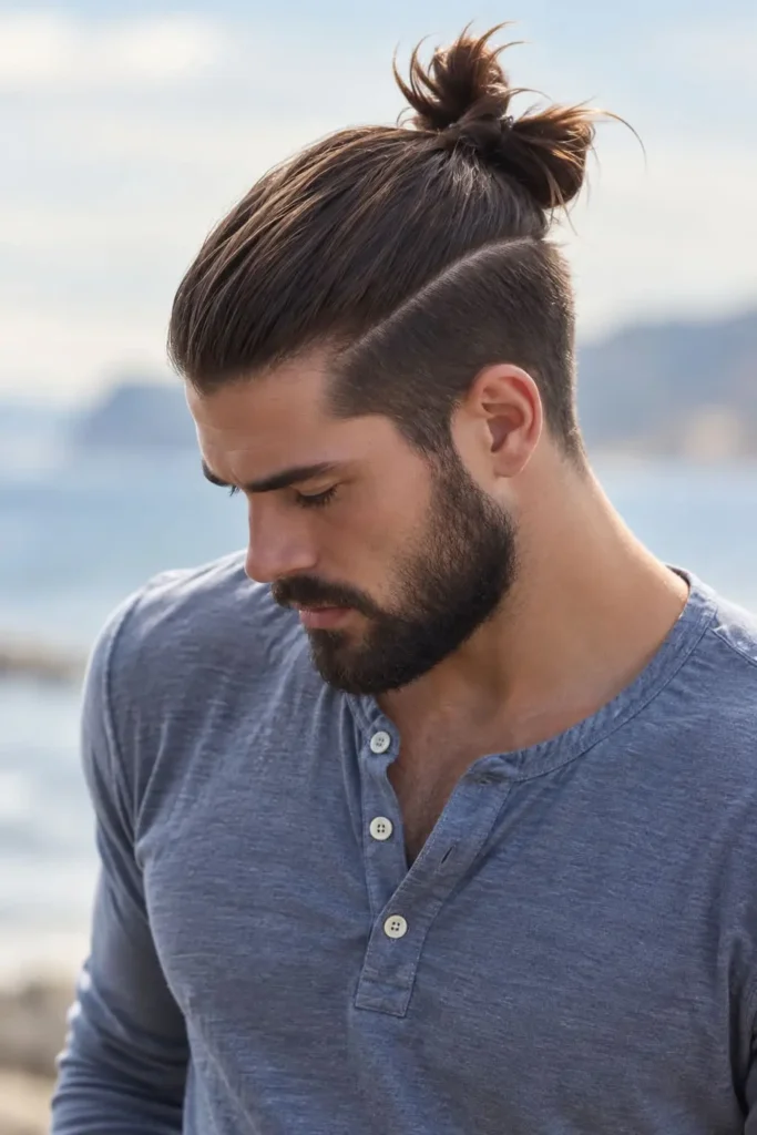 Man bun with undercut hairstyle for men with round faces and tight tapered sides