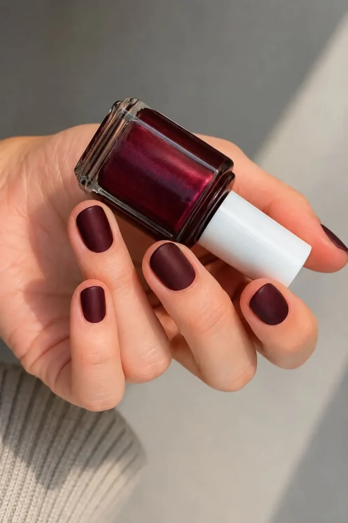 Matte burgundy nails with a soft velvety dark red finish