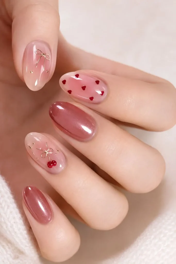 mauve cat eye nails with pink aura centers and heart accents