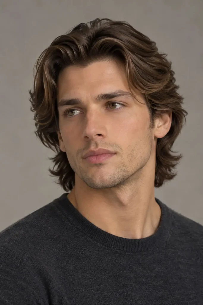 Man with medium-length bro flow hair naturally swept back around the jaw