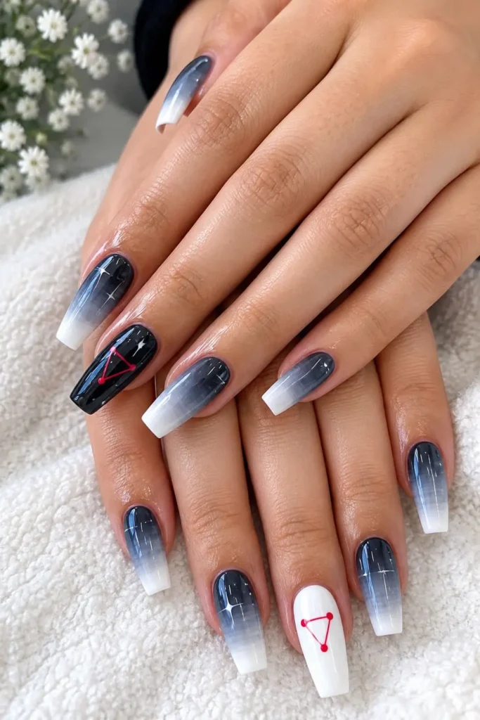 Megumi-inspired Jujutsu Kaisen nails with black and white ombré, shadow details and red accents
