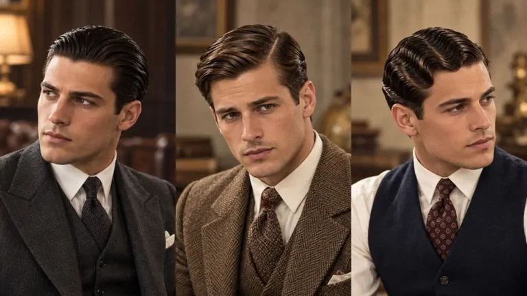 Mens hairstyles in the 1920s featuring classic slicked-back and side-parted looks