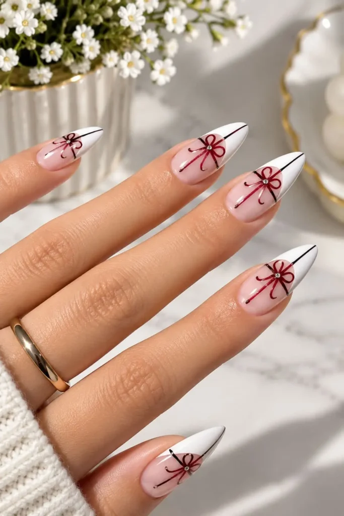 French tip coquette nails with metallic bows inspired by wrapped gifts