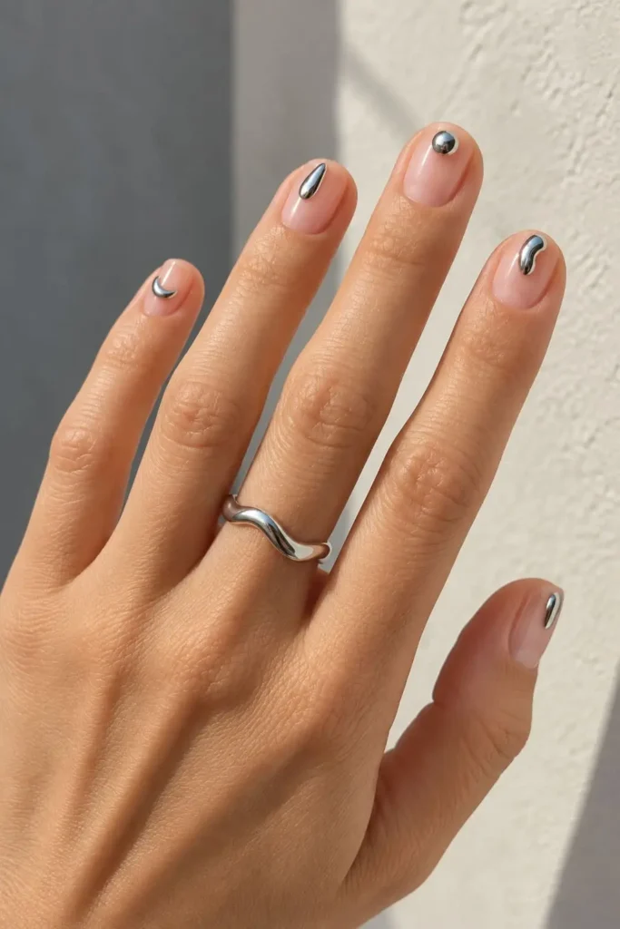 Minimalist gel nails with subtle silver chrome tip accents