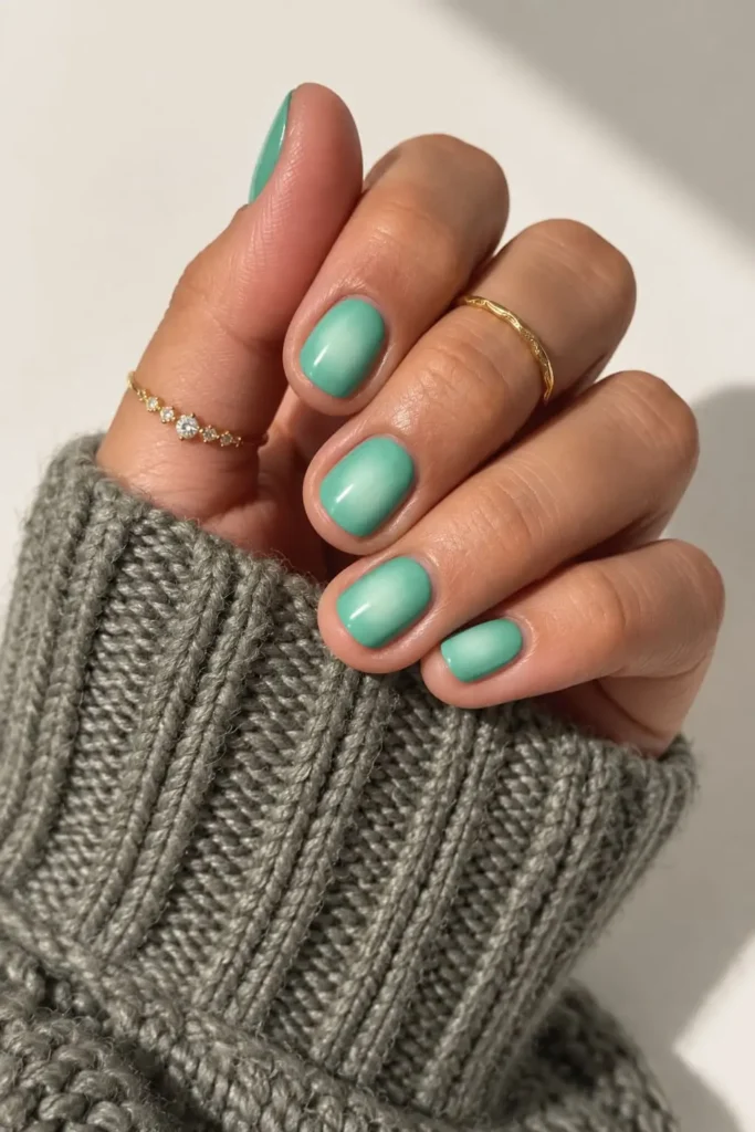 Minimalist mint aura nails with a soft sage green glow on short square nails