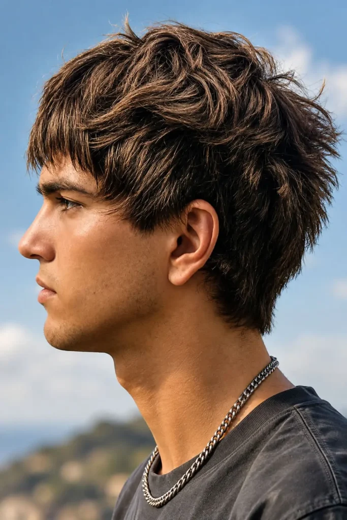 Mod haircut with layered crown and soft forward fringe