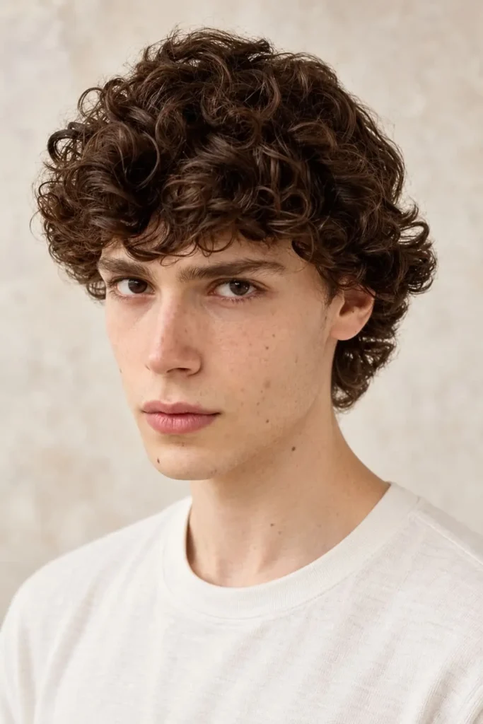Mod perm haircut with defined curls, soft layers, and rounded shape