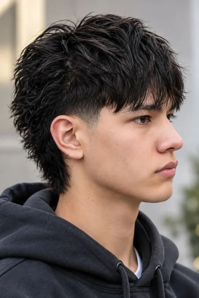 Mod haircut with tapered sides, longer top, and soft fringe