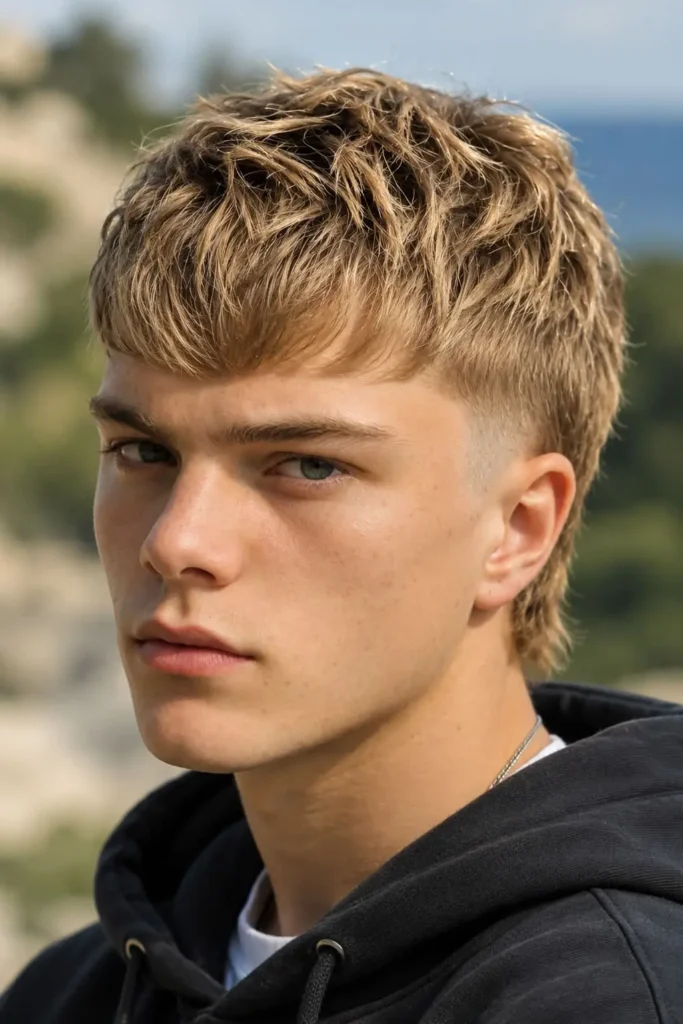 Mod haircut with fade, longer textured top, and forward fringe