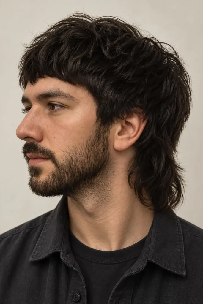 Mod mullet hairstyle with short front and longer layered back