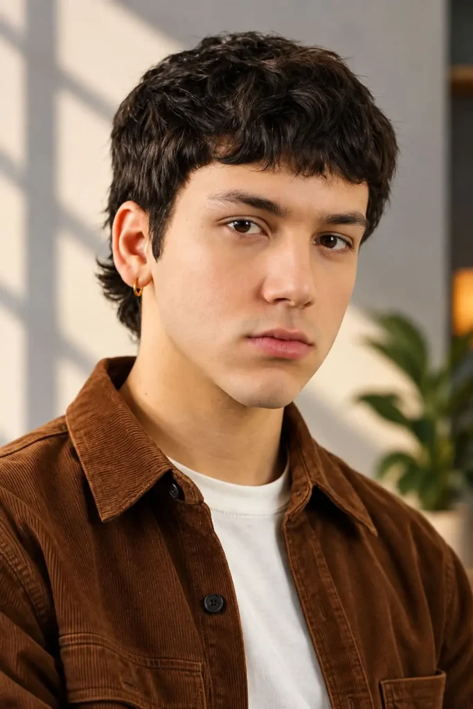 Modern mod haircut with clean edges and straight forehead fringe