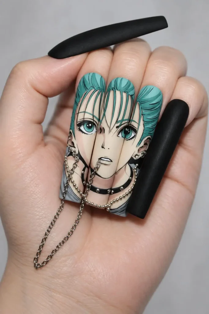 Nana-inspired punk rock nails with teal hair details, silver jewelry accents and character artwork