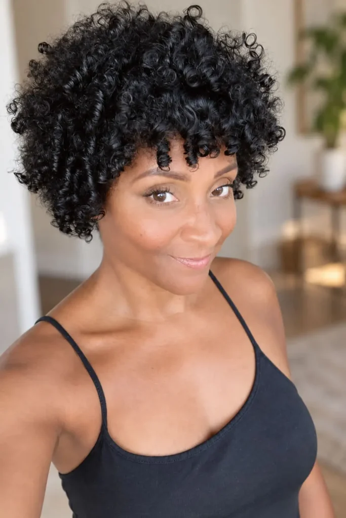 Rounded natural afro haircut for Black women over 50 with curly hair