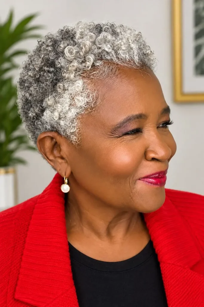 Natural TWA haircut for Black women over 50 with short textured curls