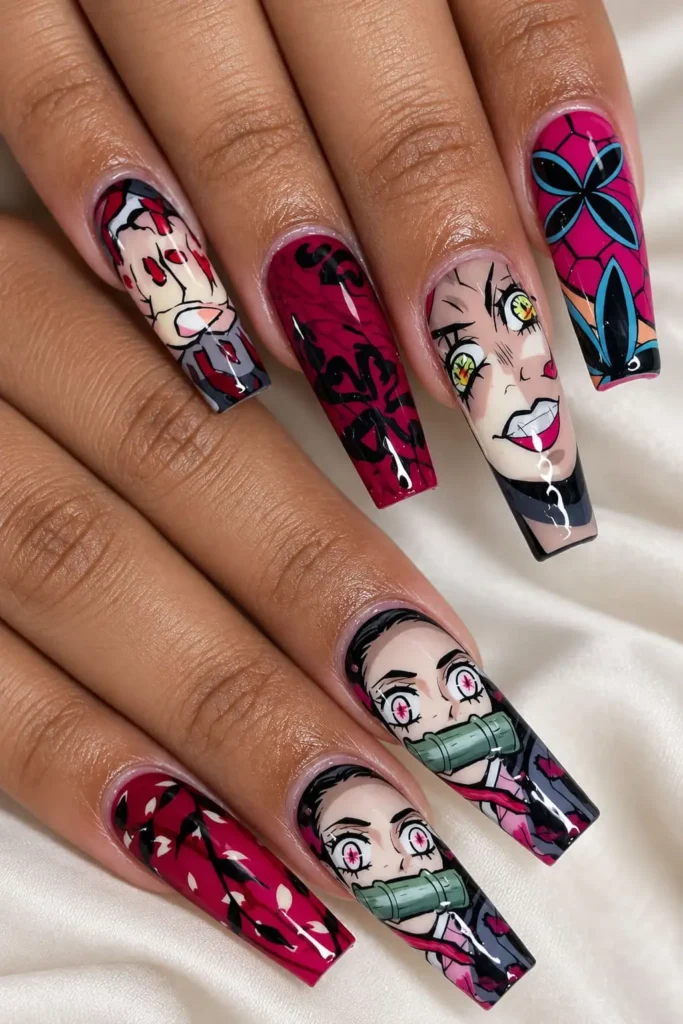 Nezuko Demon Slayer nails with pink eyes, bamboo gag and dramatic battle-inspired artwork