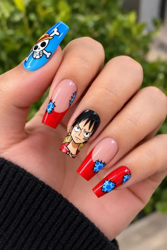 One Piece anime nails featuring Luffy, Straw Hat Pirates and colorful character artwork