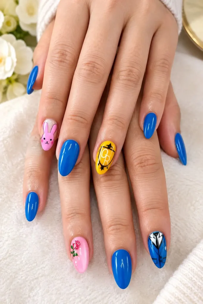 Ouran High School Host Club almond nails with yellow, blue and pink anime-inspired details