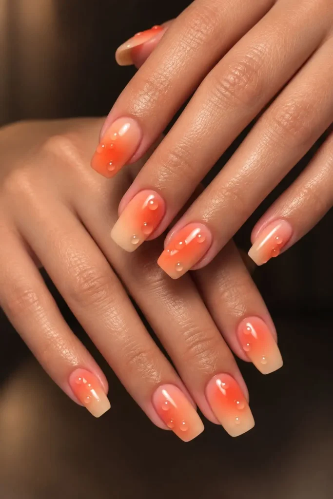 Short square nails with soft peach tones and glossy dimensional dewdrop details