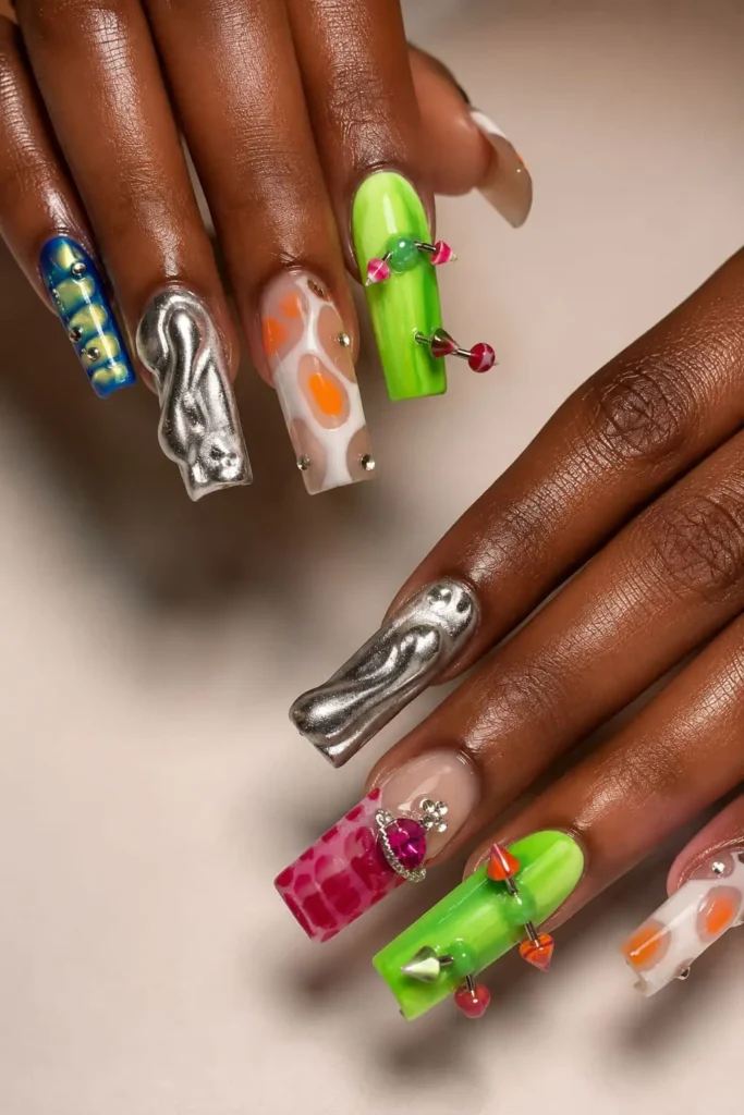 Pierced nails with a small hoop charm over bright neon polish