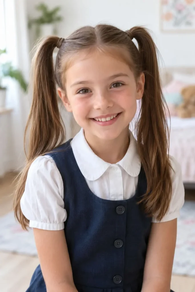 Neat pigtail hairstyle keeping children's hair secured away from the face