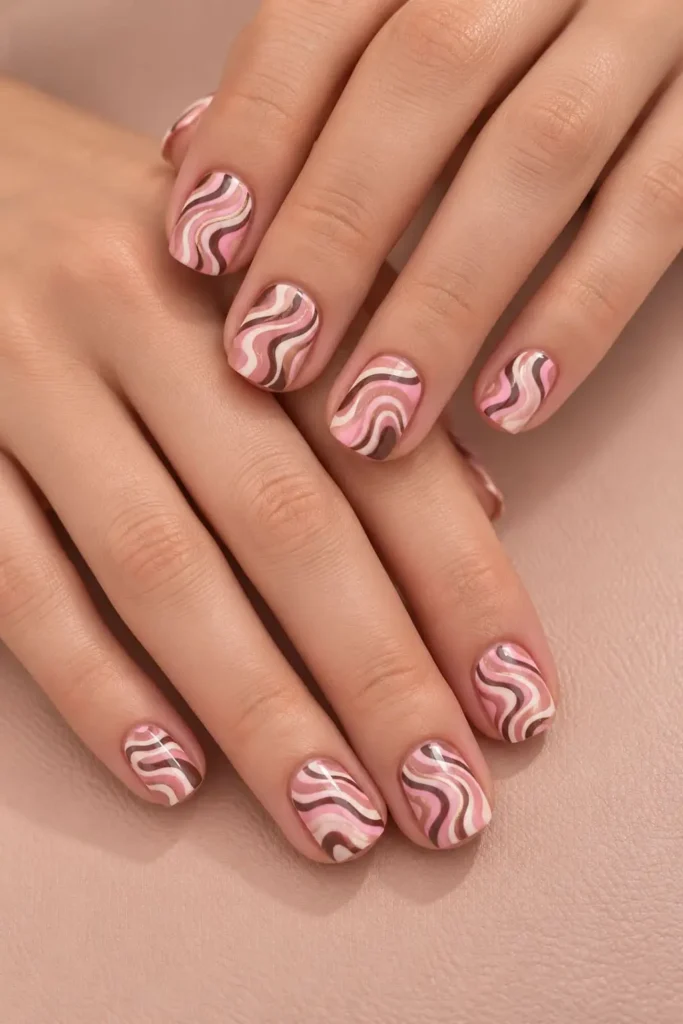 Short square nails with pink, brown, tan, and cream swirl designs