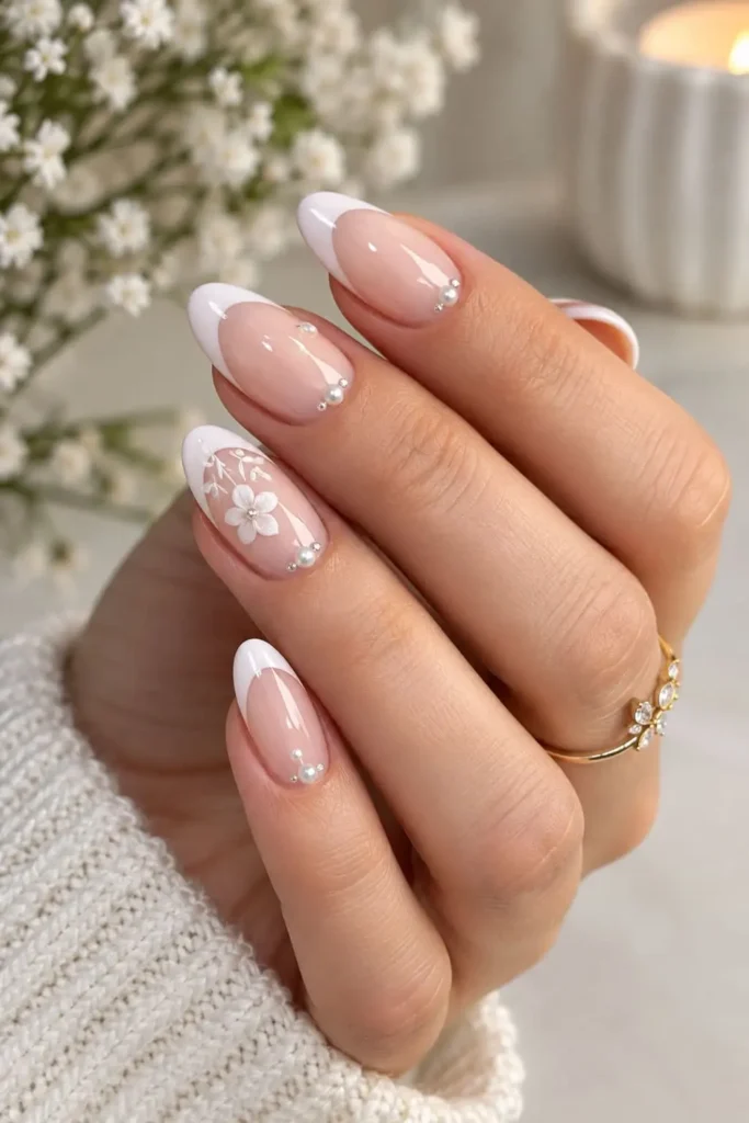 Baby pink Christmas nails with French tips, pearls, and tiny bows