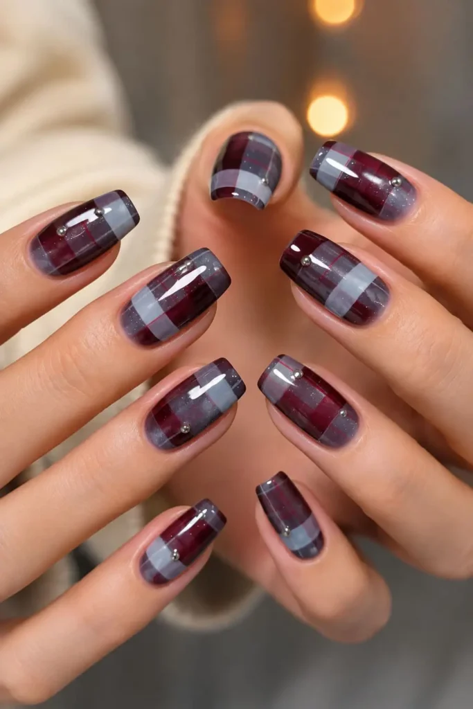 plaid cat eye nails with magnetic shimmer and cozy-season pattern