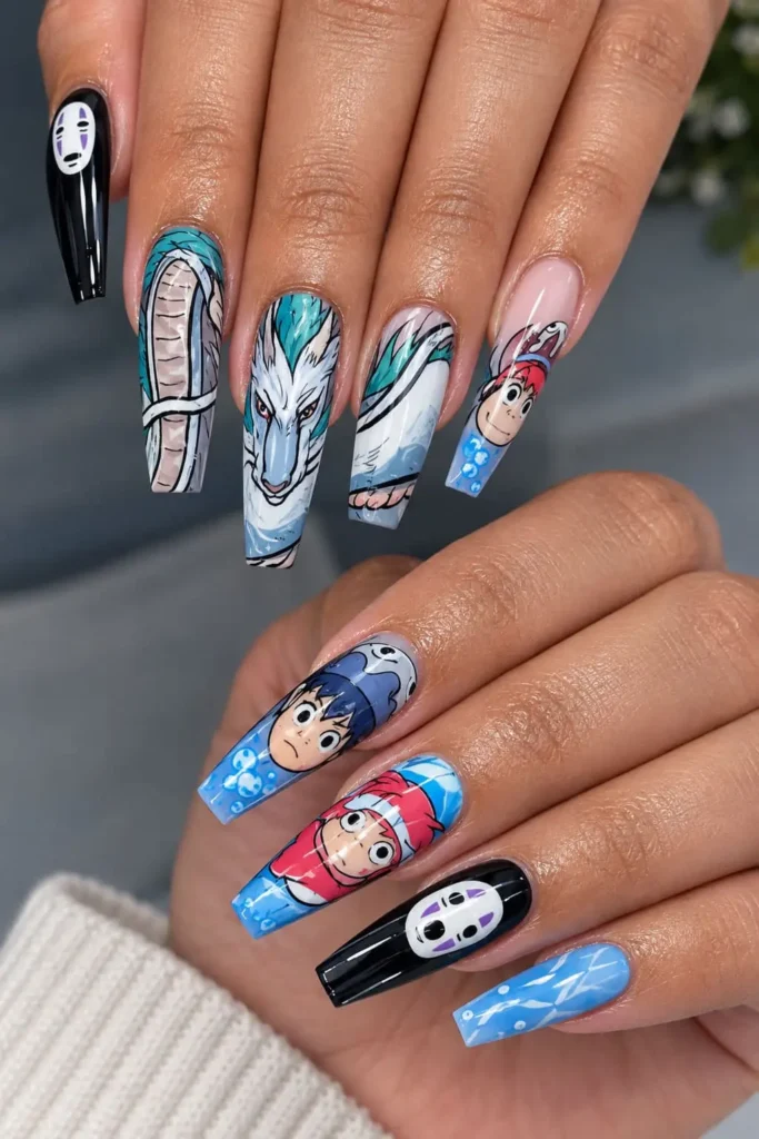 Ponyo and Spirited Away nails with goldfish, No-Face, Haku and ocean-inspired details