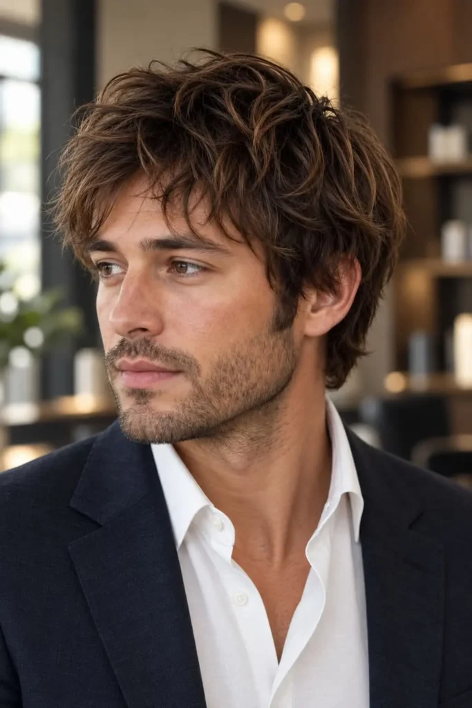 Posh shaggy long hairstyle for men with layered hair and a polished finish