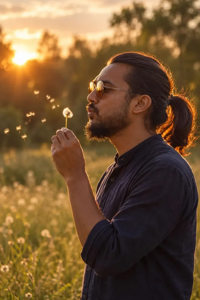 Low ponytail hairstyle for men with long hair and a polished professional look