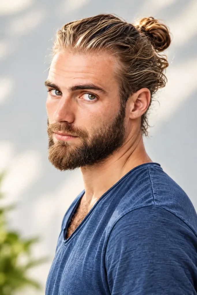 Neat man bun hairstyle for men with long hair in a professional setting