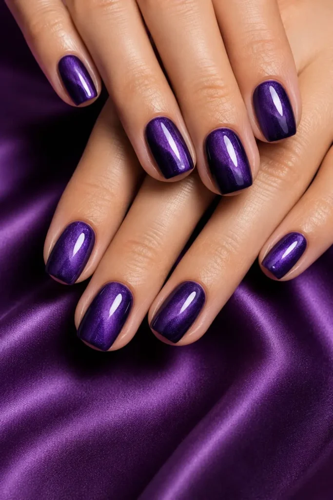 deep purple cat eye nails with amethyst magnetic shimmer