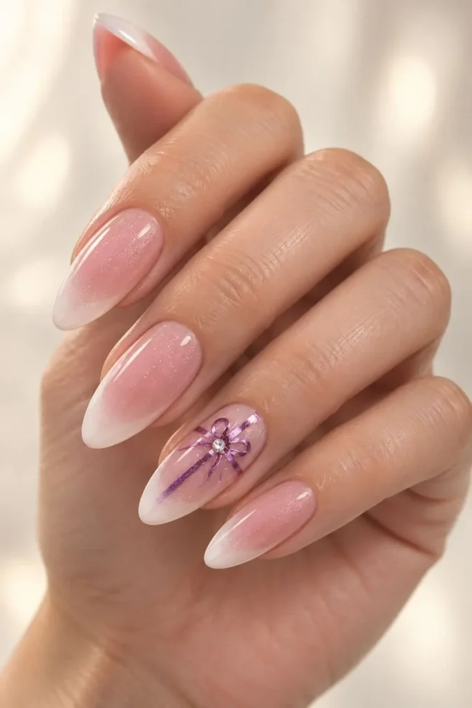 Purple Christmas nails with metallic bows and festive holiday accents