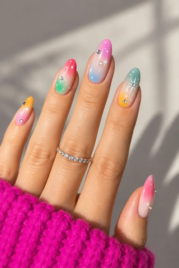 Rainbow aura nails featuring smooth multicolor gradients and sparkling rhinestone accents