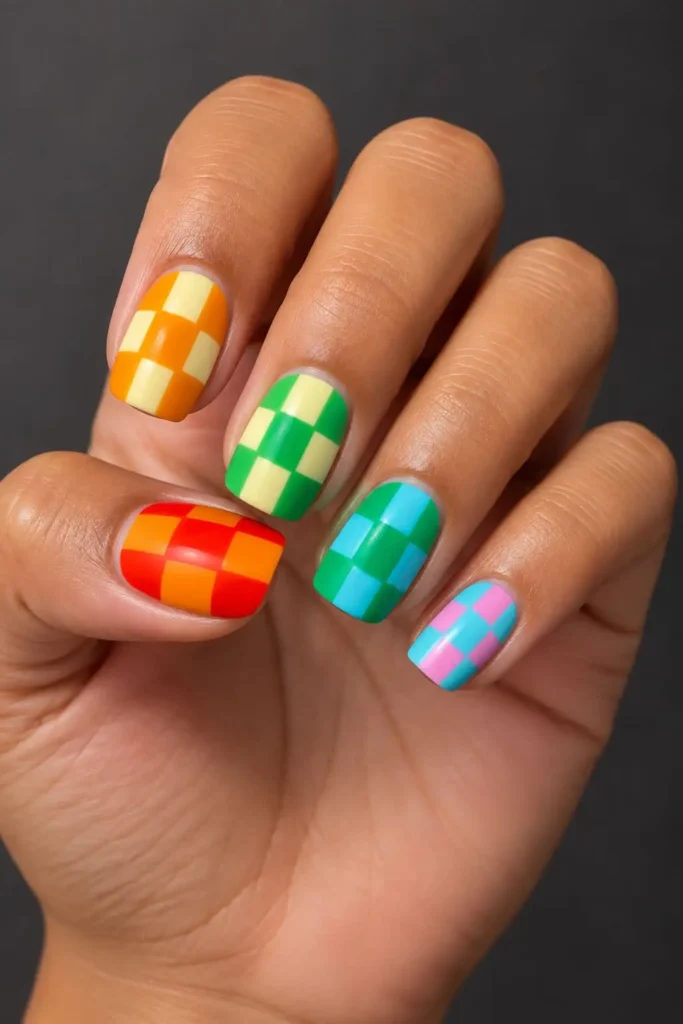 Short square nails featuring a colorful rainbow checkerboard pattern