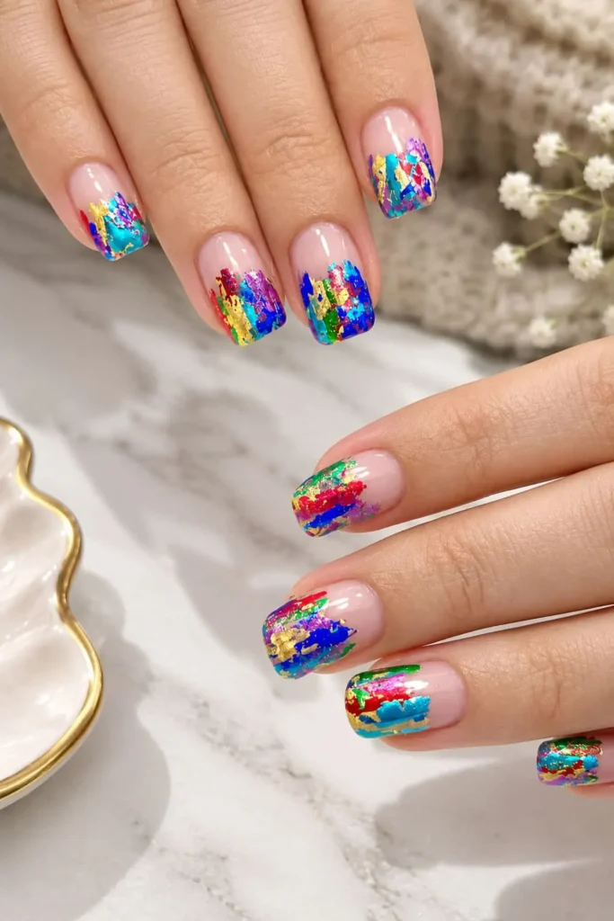 Short square nails decorated with colorful rainbow foil for a reflective finish
