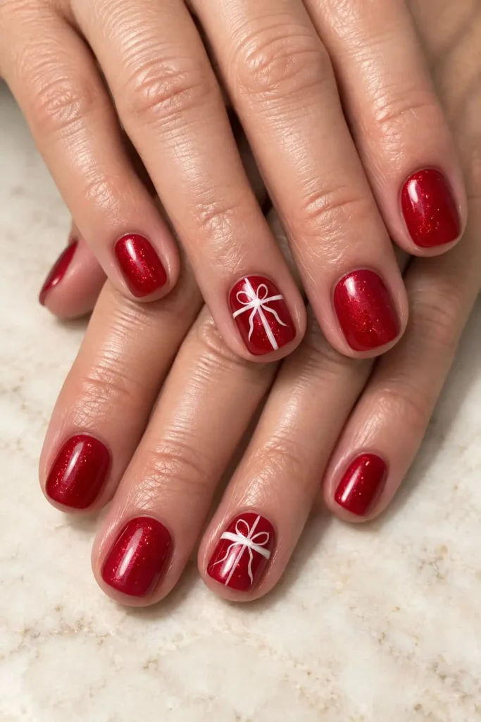 Shimmering red coquette nails with elegant white present bow accents